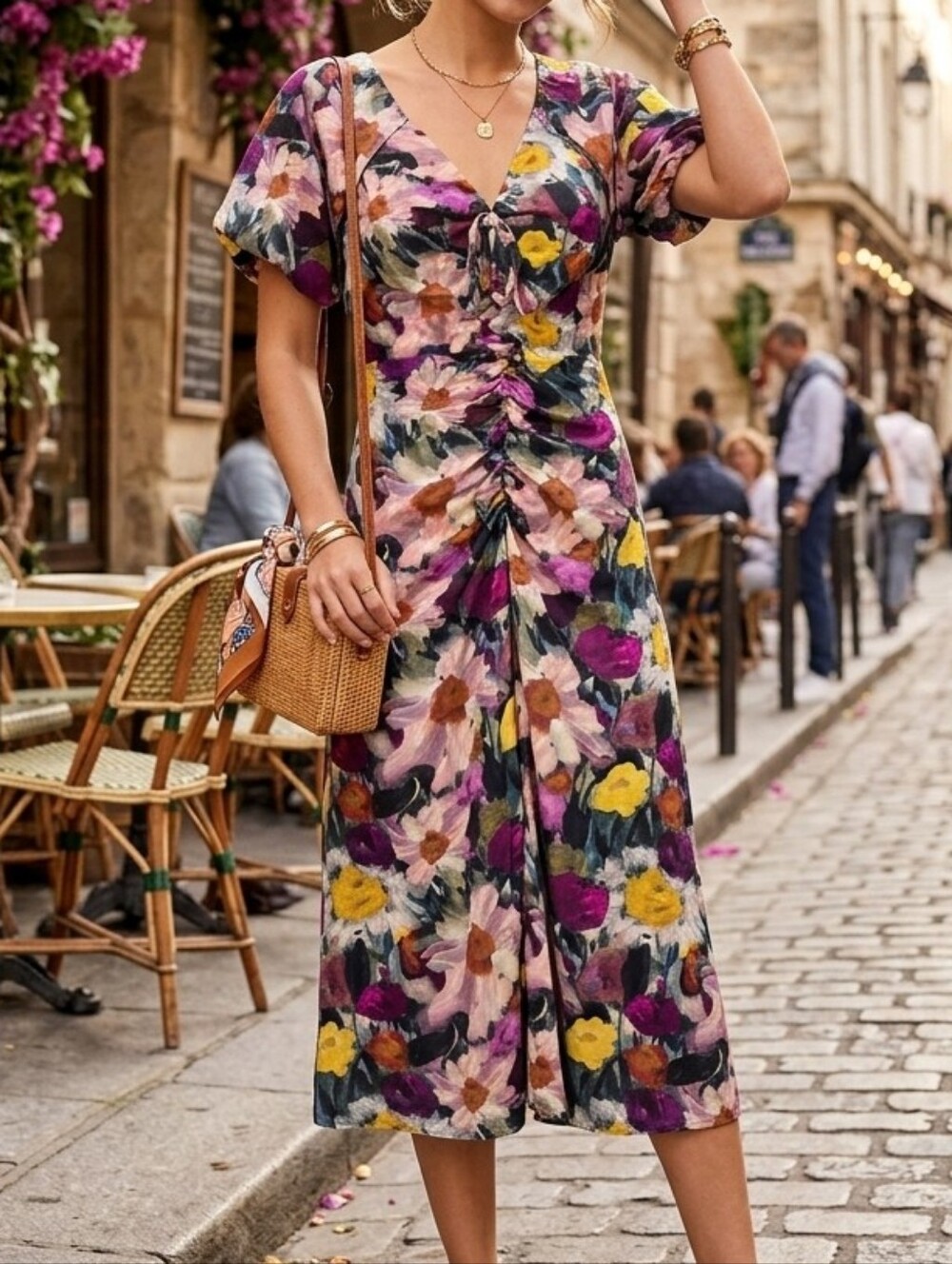 Adelyn Rae Large Abstract Impressionist Floral Midi Dress Ruched Puff Sleeve V-N